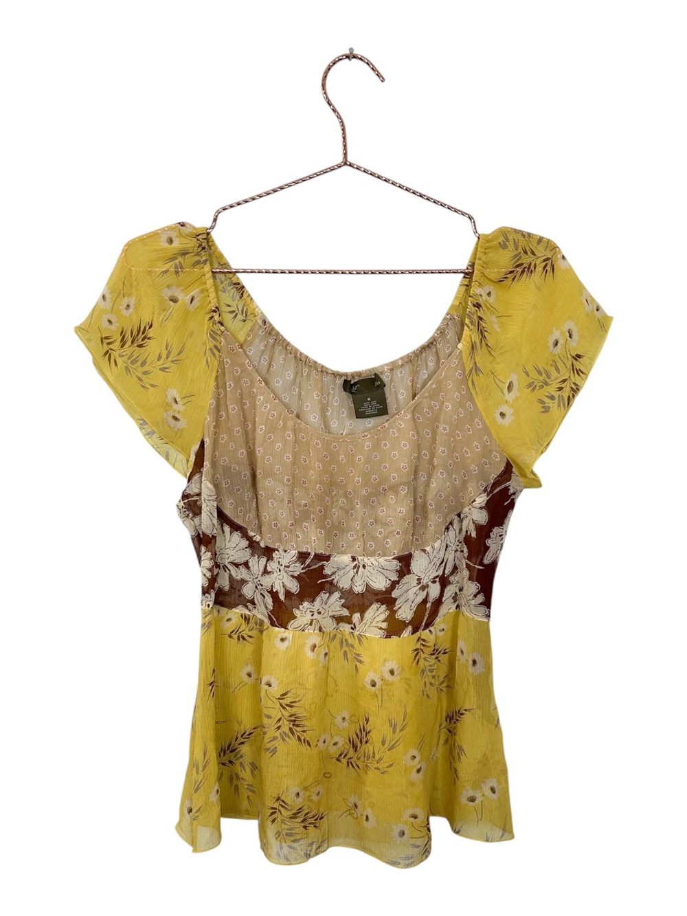 Fei 100% Silk Floral Patchwork Yellow Babydoll Blouse
